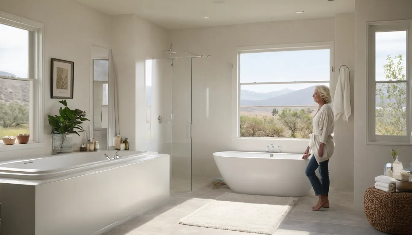 Smiling older homeowner standing beside a walk-in tub in a bright Irvine bathroom
